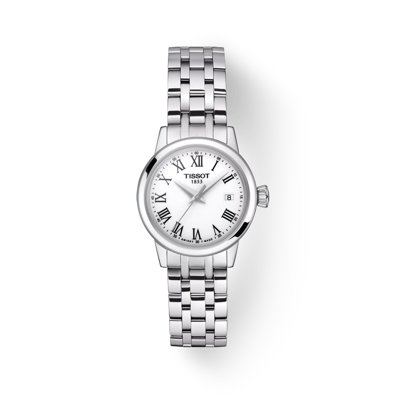 Front view of the watch Tissot Classic Dream 28mm with shadow