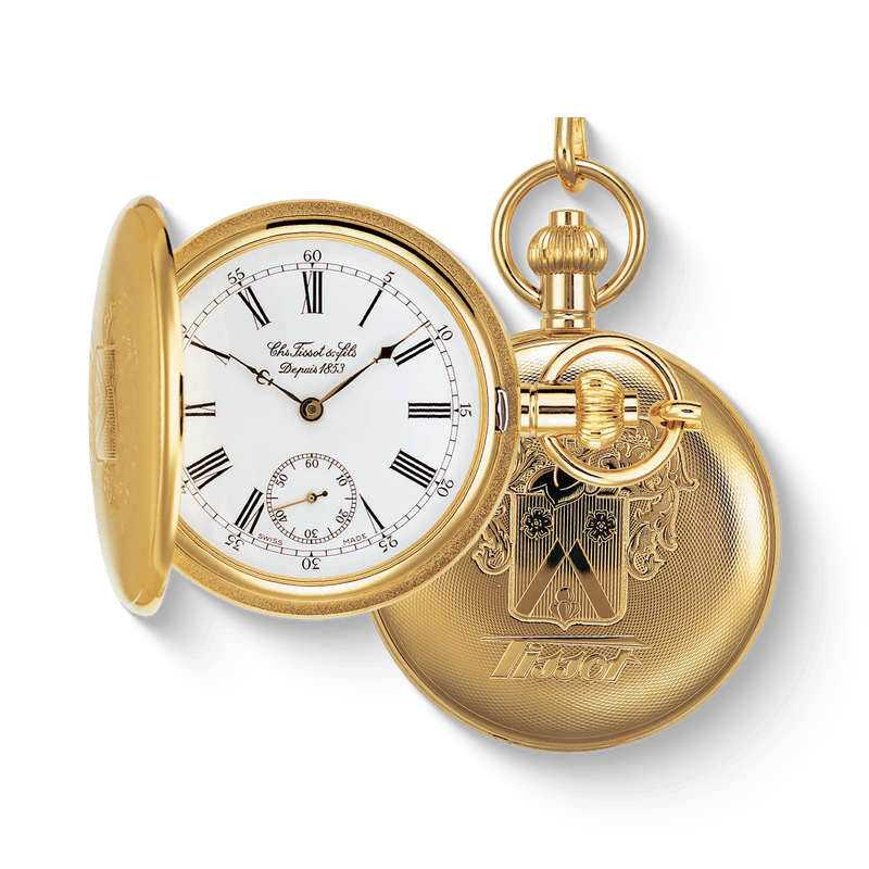 Vue de face de la montre Tissot Savonnette Mechanical avec ombre