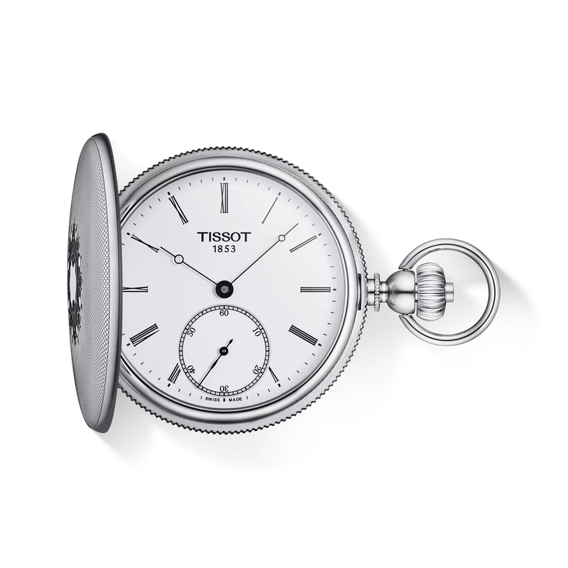 그림자가 있는 티쏘 사보네트 기계식 포켓 워치 시계의 전면 보기