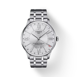 Front view of the watch Tissot Chemin des Tourelles Powermatic 80 GMT with shadow