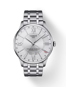 Front view of the watch Tissot Chemin des Tourelles Powermatic 80 GMT with shadow