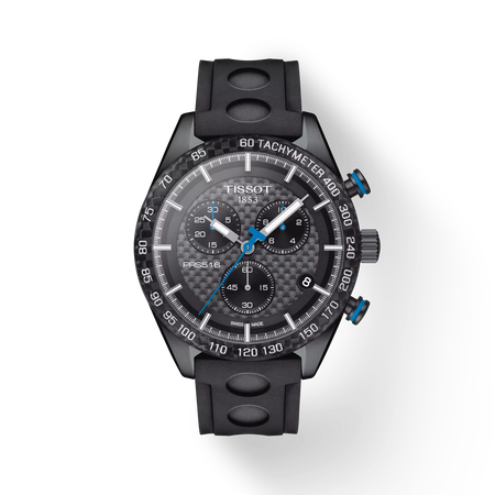 มุมมองด้านหน้าของนาฬิกา Tissot PRS 516 Chronograph พร้อมเงา