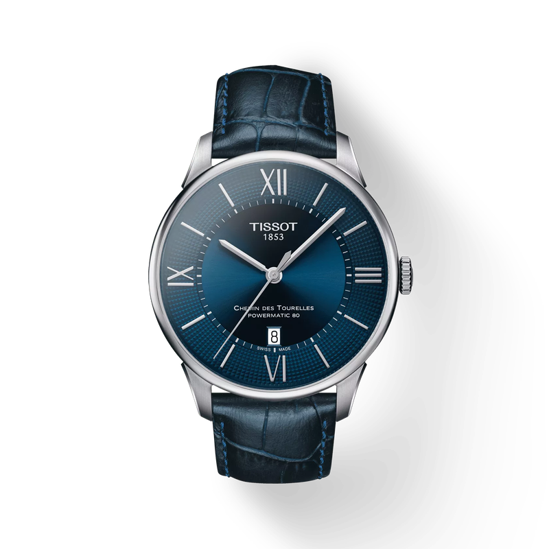 Front view of the watch Tissot Chemin des Tourelles Powermatic 80 with shadow