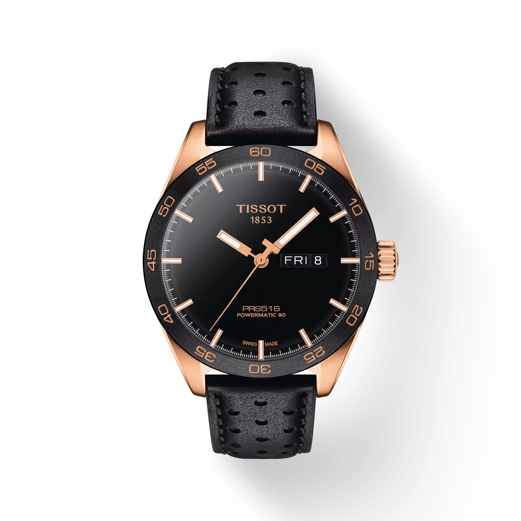 Front view of the watch Tissot PRS 516 Powermatic 80 with shadow