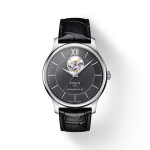 Front view of the watch Tissot Tradition Powermatic 80 Open Heart with shadow
