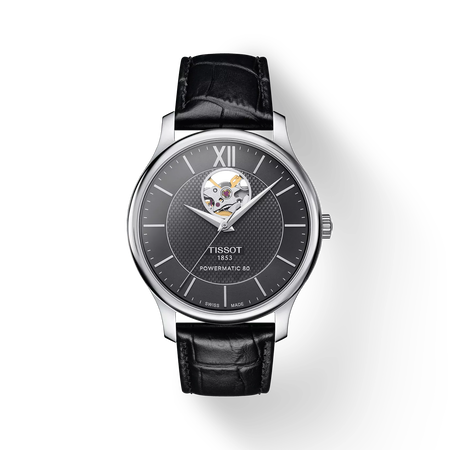 มุมมองด้านหน้าของนาฬิกา Tissot Tradition Powermatic 80 Open Heart พร้อมเงา