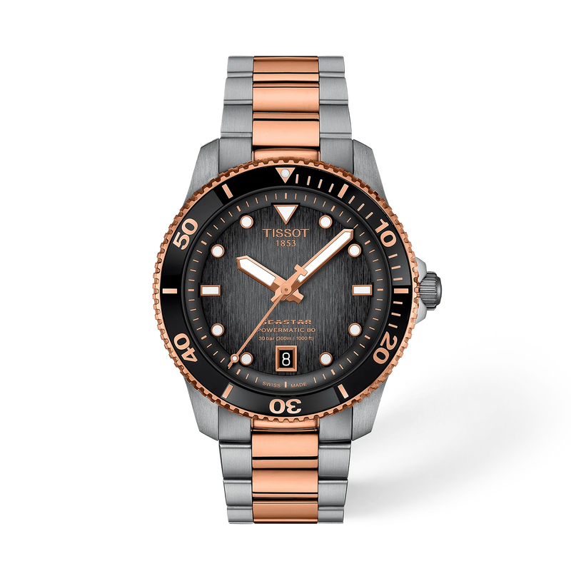 Front view of the watch Tissot Seastar 1000 40mm with shadow