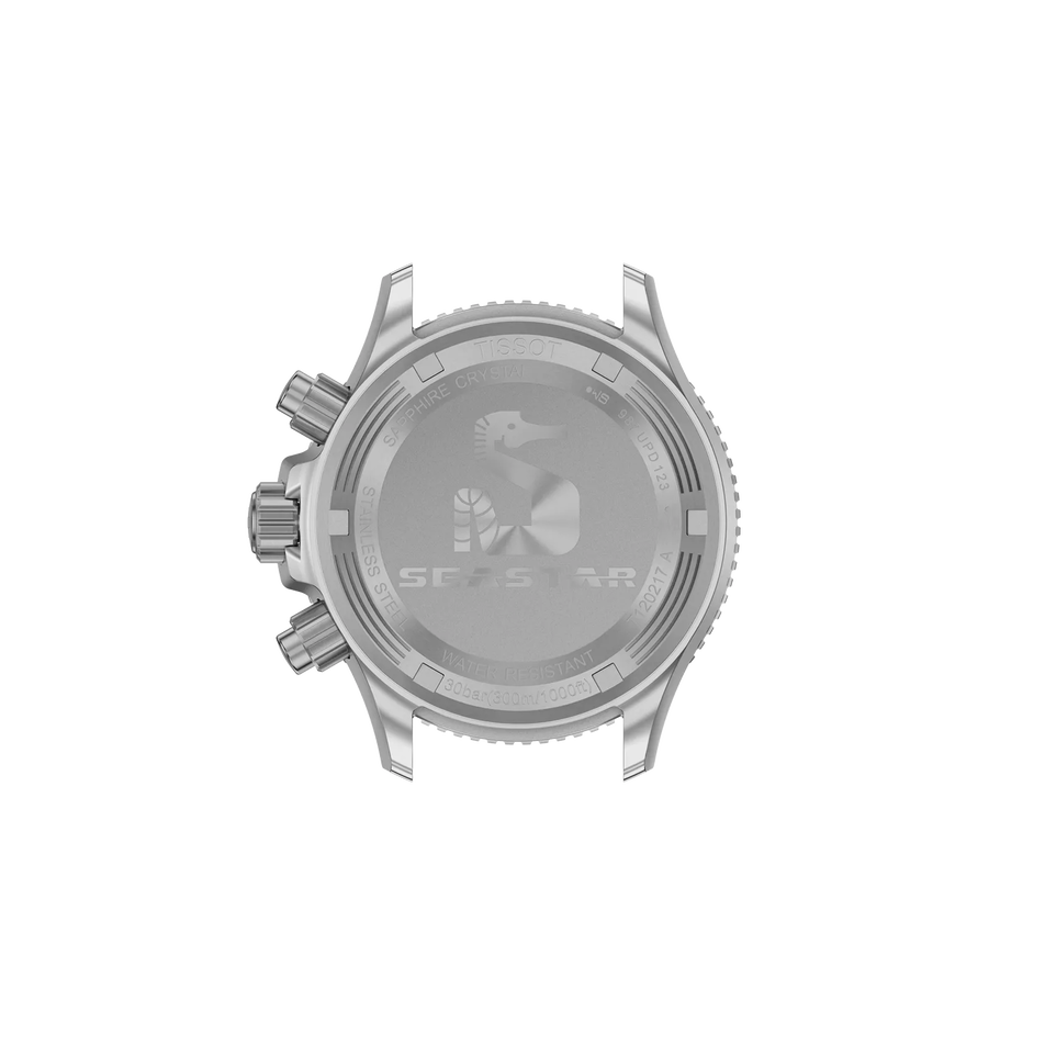 Rückansicht des Gehäuses der Uhr Tissot Seastar 1000 38mm