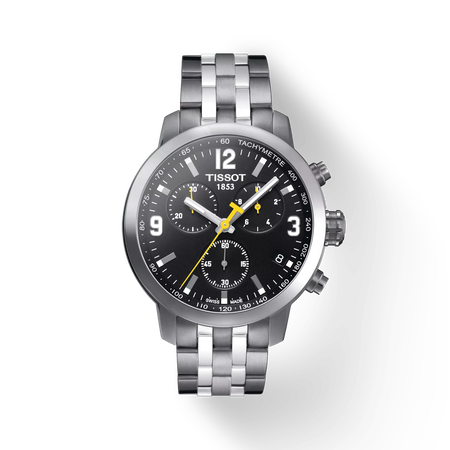 Front view of the watch Tissot PRC 200 Chronograph with shadow