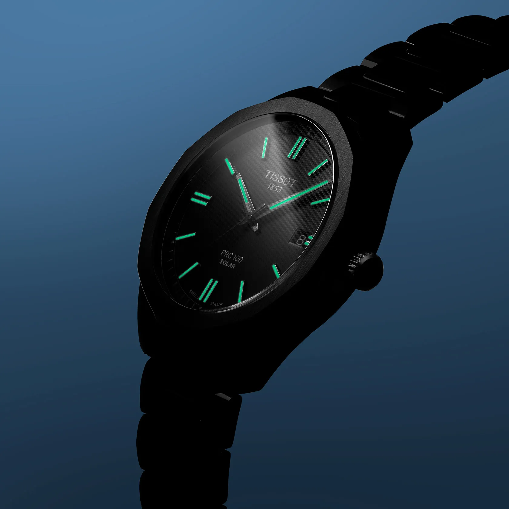 Tissot PRC 100 Solar 39mm watch on a colored background