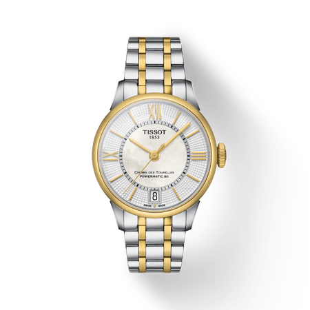 มุมมองด้านหน้าของนาฬิกา Tissot Chemin des Tourelles Powermatic 80 Lady พร้อมเงา