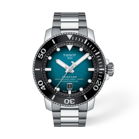 Front view of the watch Tissot Seastar 2000 46mm with shadow