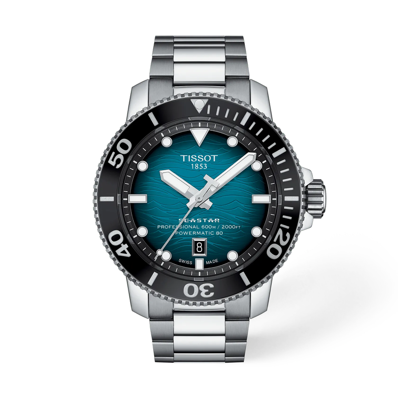 Front view of the watch Tissot Seastar 2000 46mm with shadow