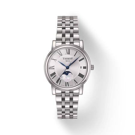 Front view of the watch Tissot Carson Premium 32mm with shadow