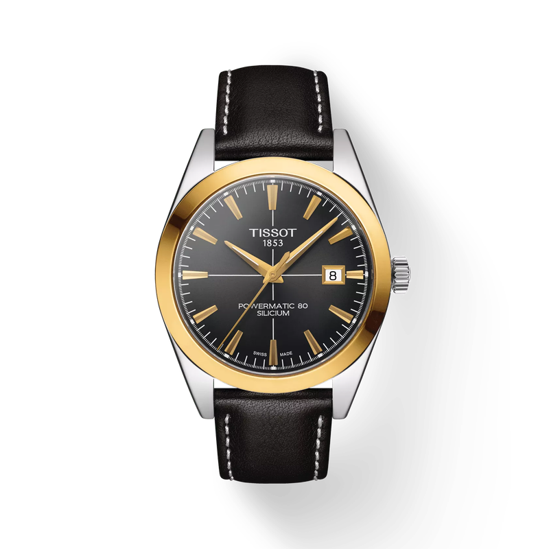 Front view of the watch Tissot Gentleman Gold Bezel 40mm with shadow
