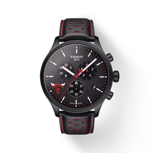 Front view of the watch Tissot Chrono XL NBA Teams Special Chicago Bulls Edition with shadow