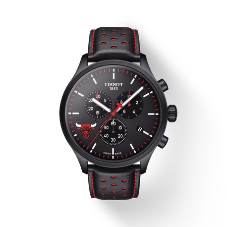 Front view of the watch Tissot Chrono XL NBA Teams Special Chicago Bulls Edition with shadow