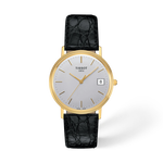 Vorderansicht der Uhr Tissot Goldrun Hesalite Gold 33.7mm mit Schatten