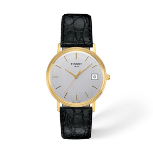 Vue de face de la montre Tissot Goldrun Hesalite Gold 33.7mm avec ombre