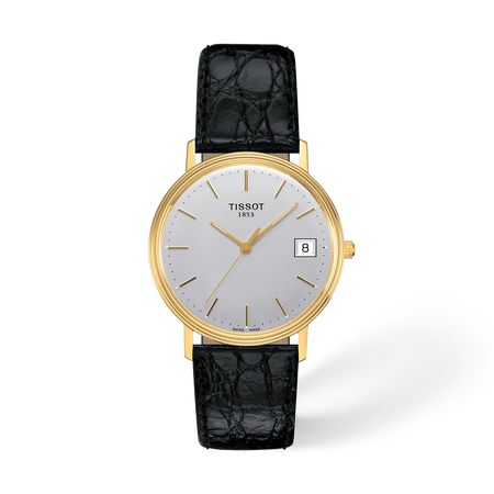 Front view of the watch Tissot Goldrun Hesalite Gold 33.7mm with shadow