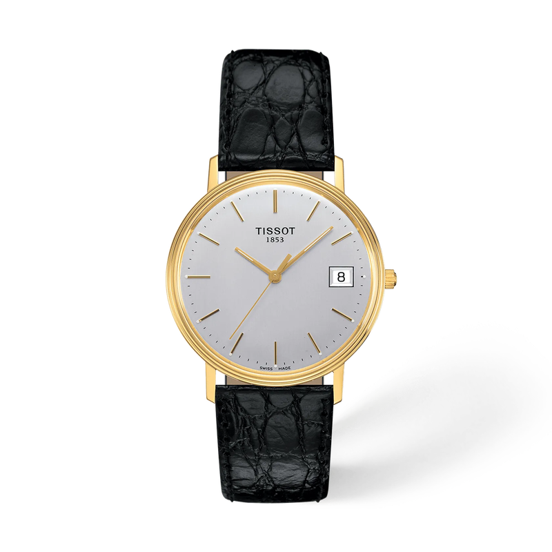 Vorderansicht der Uhr Tissot Goldrun Hesalite Gold 33.7mm mit Schatten