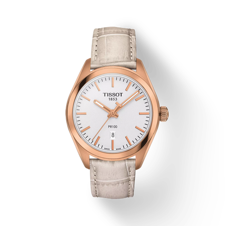 มุมมองด้านหน้าของนาฬิกา Tissot PR 100 Lady พร้อมเงา