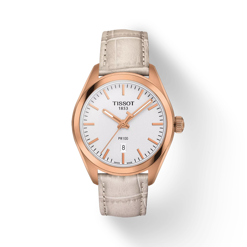 มุมมองด้านหน้าของนาฬิกา Tissot PR 100 Lady พร้อมเงา
