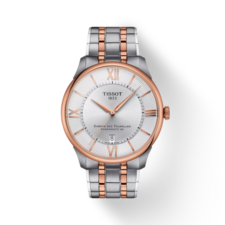 Front view of the watch Tissot Chemin Des Tourelles 42mm with shadow