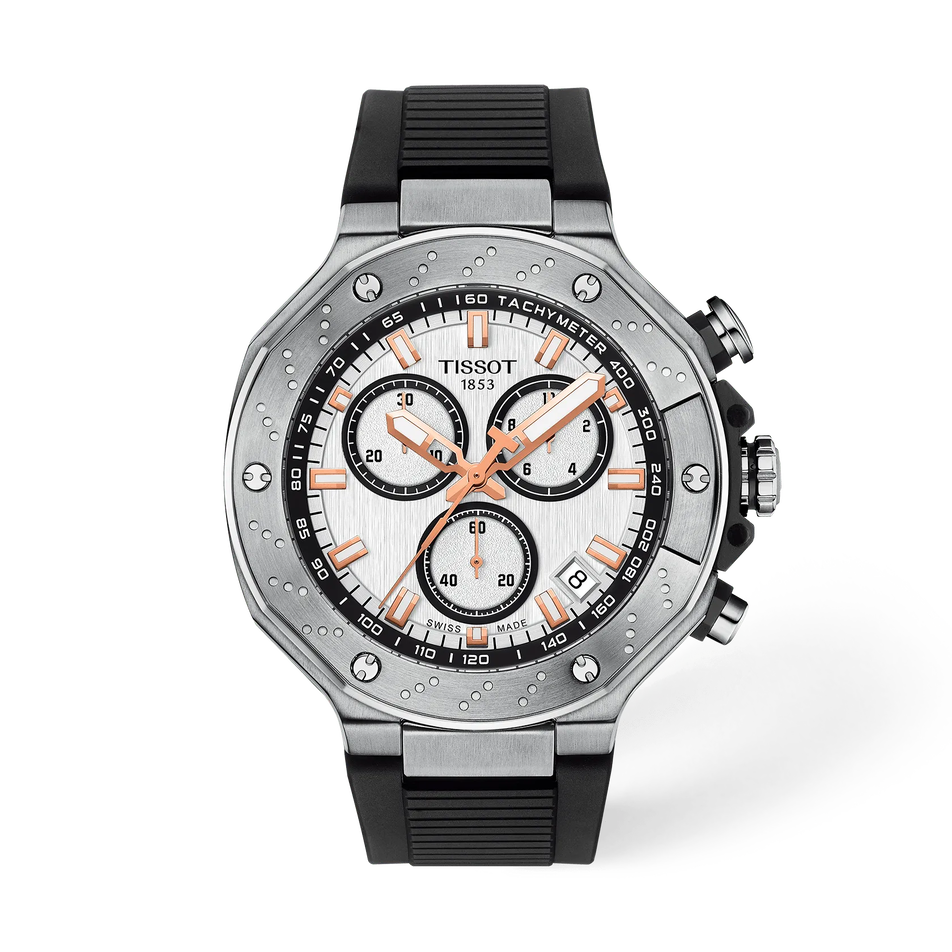 Vorderansicht der Uhr Tissot T-Race 45mm mit Schatten