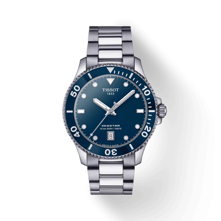 Vue de face de la montre Tissot Seastar 1000 40mm avec ombre