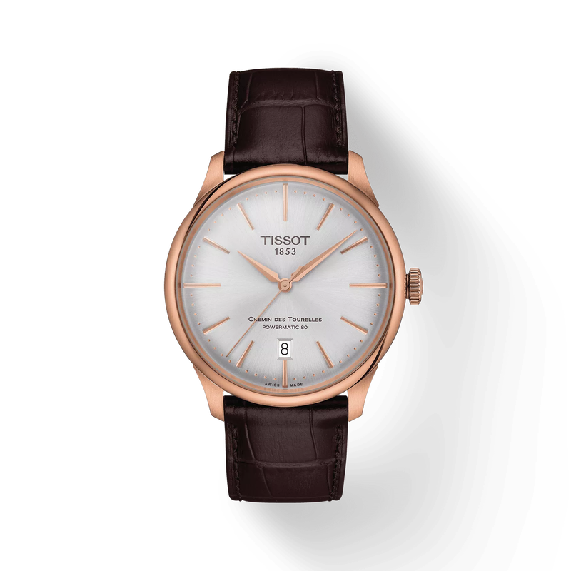 Front view of the watch Tissot Chemin des Tourelles 39mm with shadow