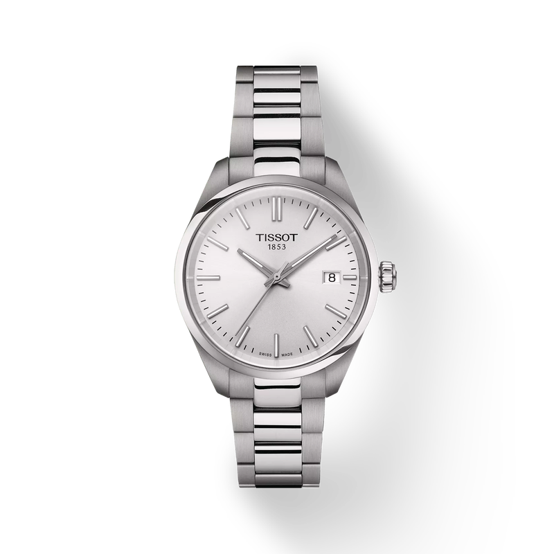 Front view of the watch Tissot PR 100 34mm with shadow