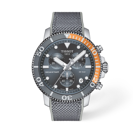 Front view of the watch Tissot Seastar 1000 45.5mm with shadow