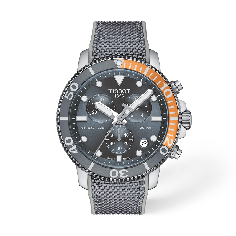 Front view of the watch Tissot Seastar 1000 45.5mm with shadow
