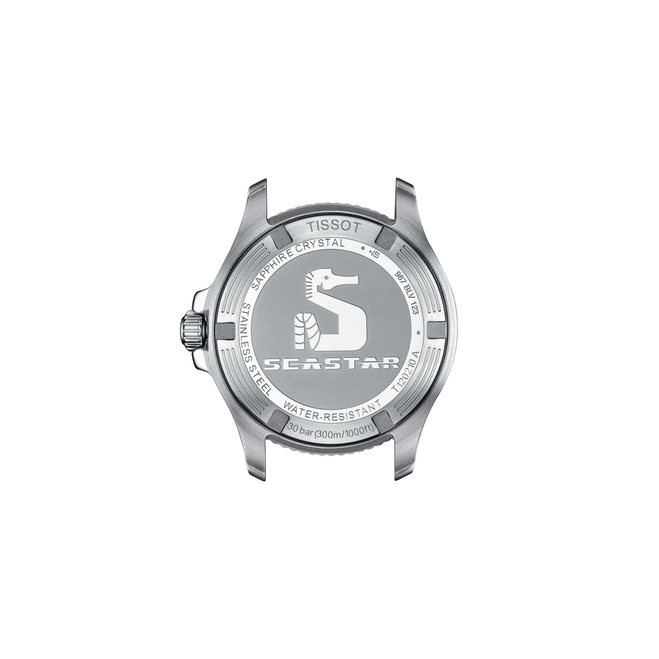 Rückansicht des Gehäuses der Uhr Tissot Seastar 1000 36mm