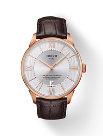 Front view of the watch Tissot Chemin des Tourelles Powermatic 80 COSC 42mm with shadow