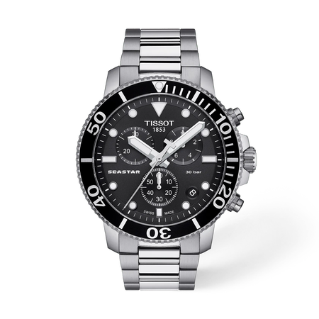 Front view of the watch Tissot Seastar 1000 45.5mm with shadow