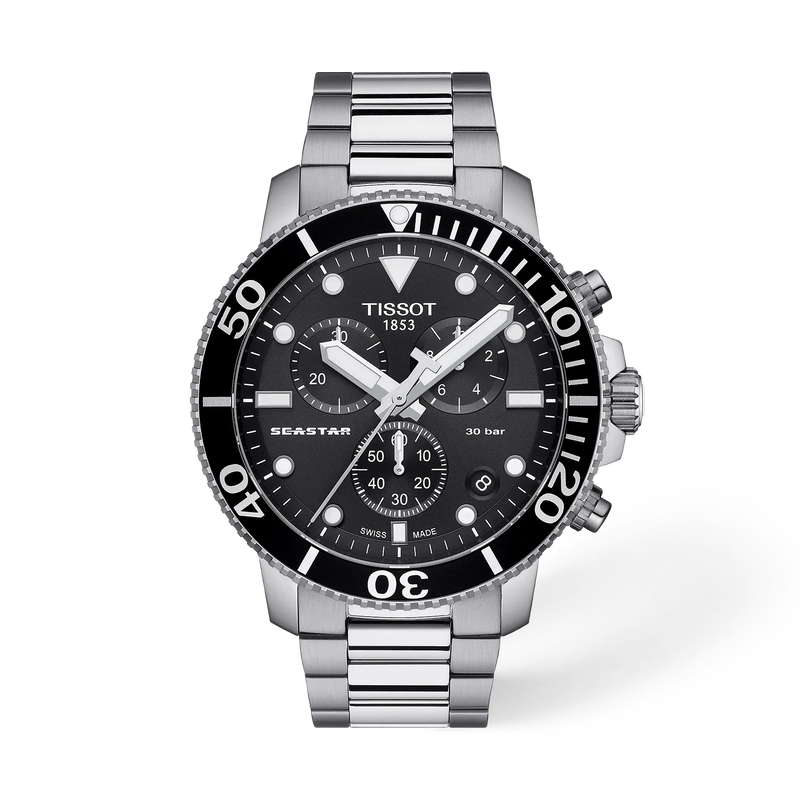 Front view of the watch Tissot Seastar 1000 45.5mm with shadow