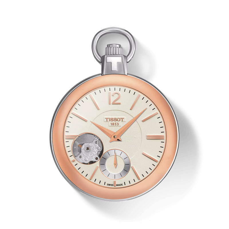 Front view of the watch Tissot Pocket Mechanical Skeleton with shadow