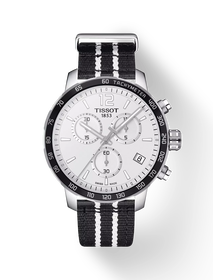 Front view of the watch Tissot Quickster Chronograph NBA San Antonio Spurs with shadow