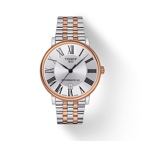 Front view of the watch Tissot Carson Premium Powermatic 80 with shadow