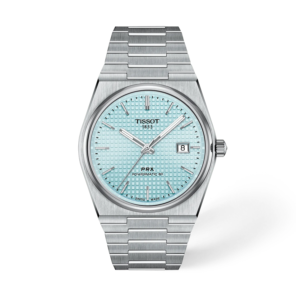 Vorderansicht der Uhr Tissot PRX 40mm mit Schatten