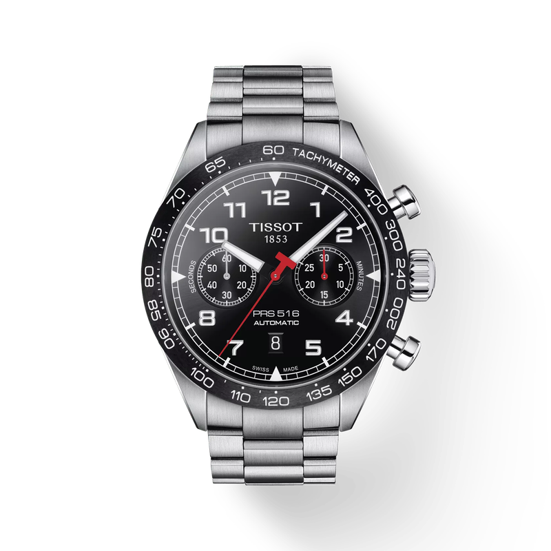 Front view of the watch Tissot PRS 516 Automatic Chronograph with shadow