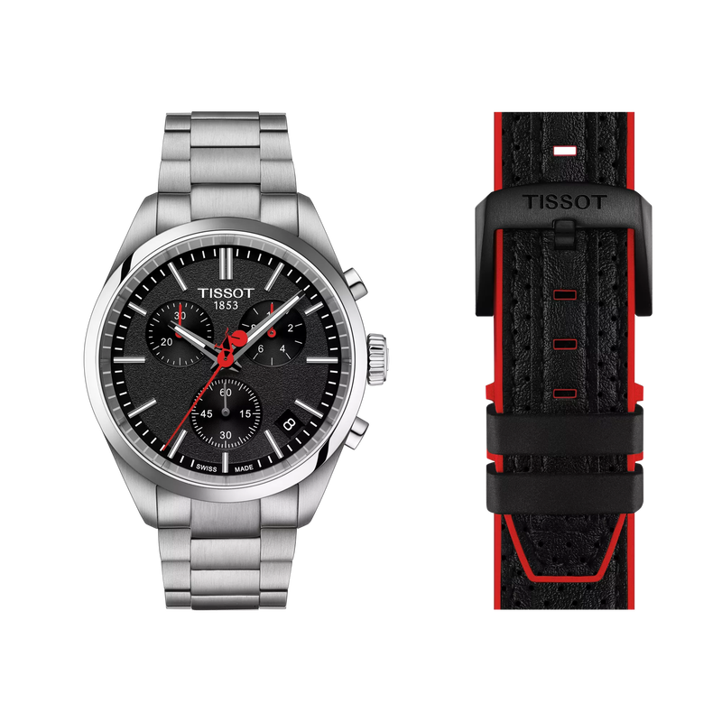 추가 브레이슬릿 장착한 티쏘 PR 100 뷰엘타 시계의 전면 모습