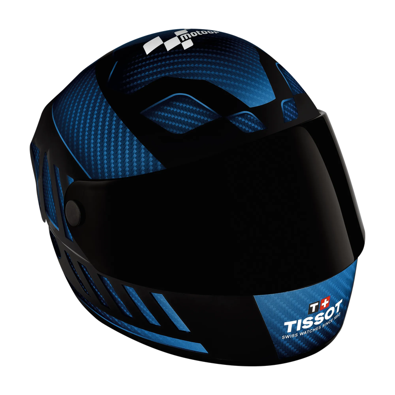Vista frontal del reloj Tissot T-Race MotoGP 2025 45mm con apertura