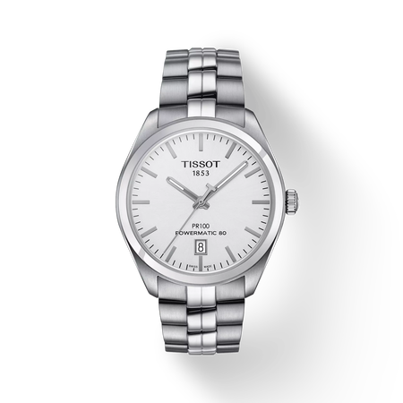 มุมมองด้านหน้าของนาฬิกา Tissot PR 100 Powermatic 80 พร้อมเงา