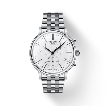 Front view of the watch Tissot Carson Premium Chronograph with shadow