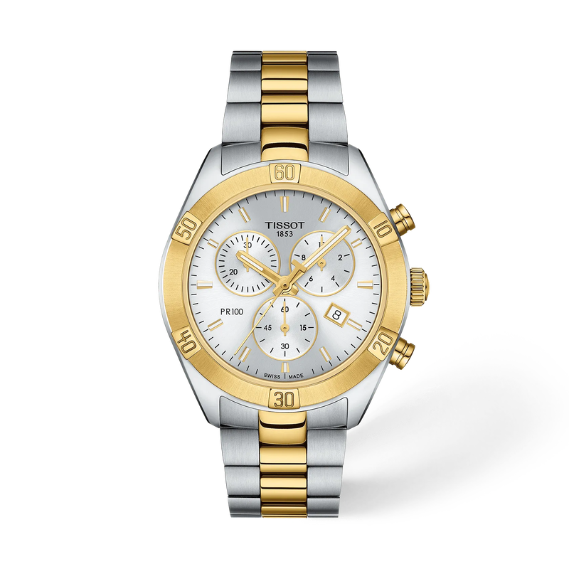 Front view of the watch Tissot PR 100 Sport Chic 38mm with shadow