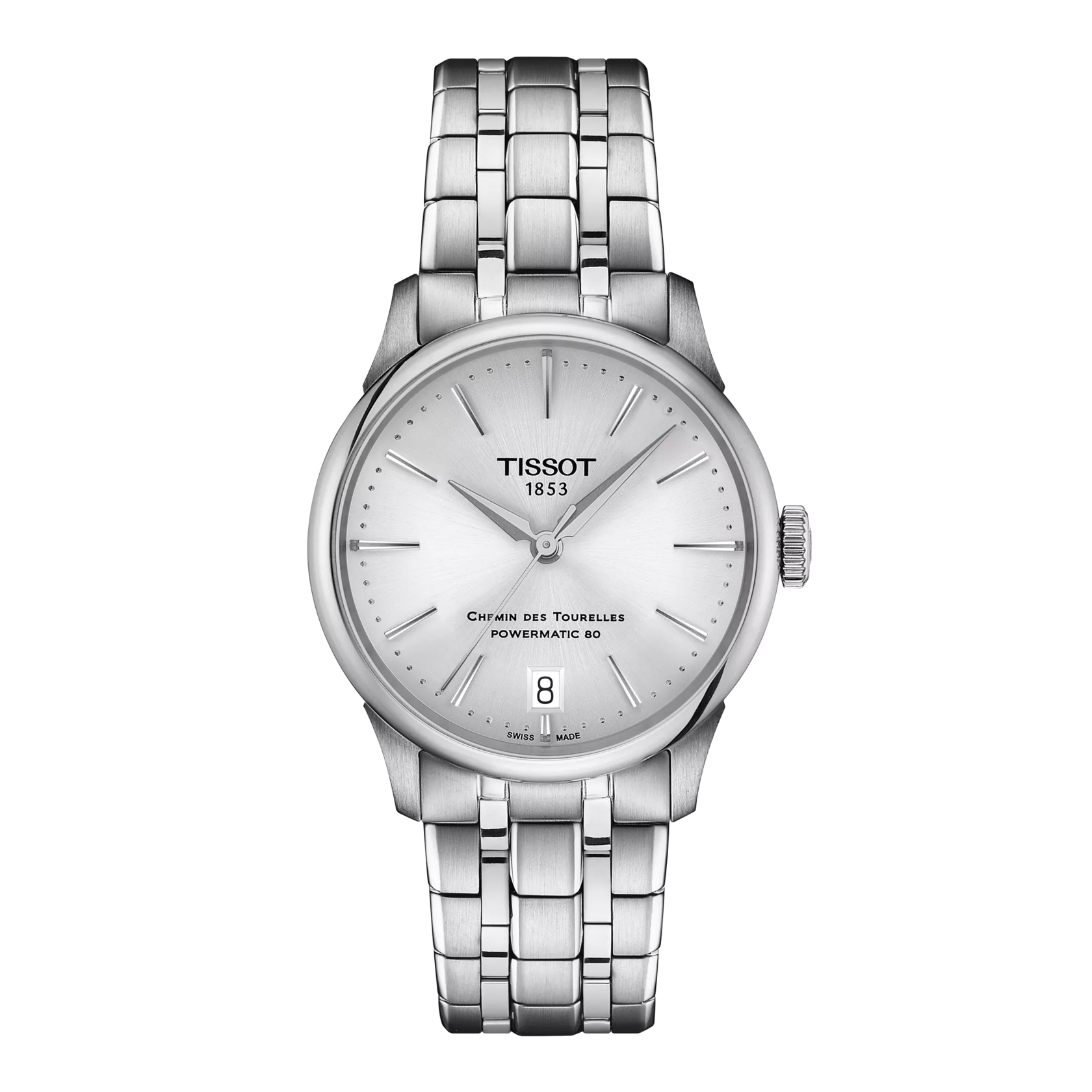 Front view of the watch Tissot Chemin des Tourelles Powermatic 80 34 mm