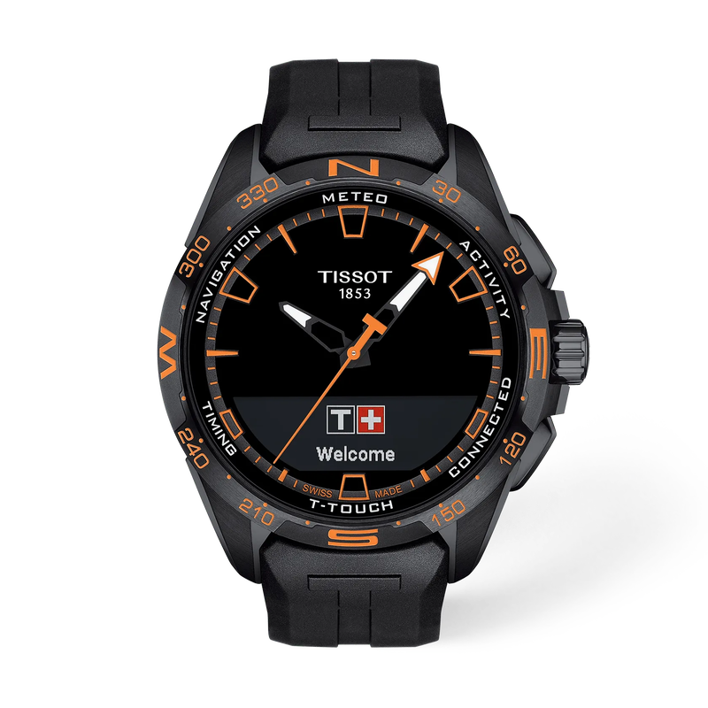 Front view of the watch Tissot T-Touch Connect Solar 47.5mm with shadow